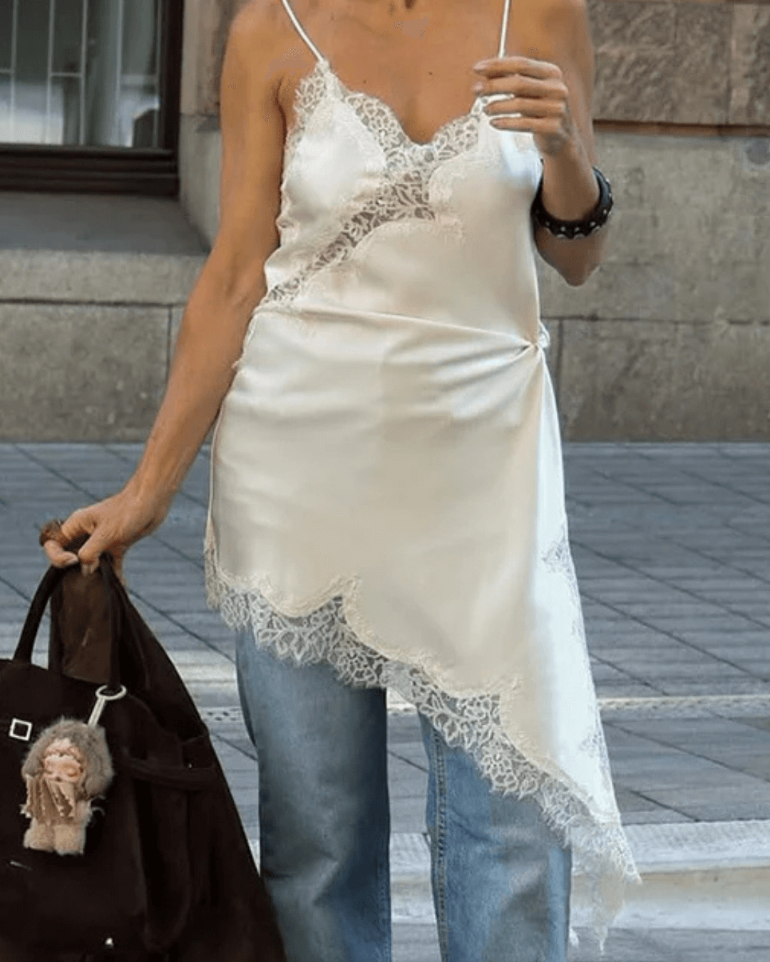 Chiara Asymmetric Satin Lace Midi Dress