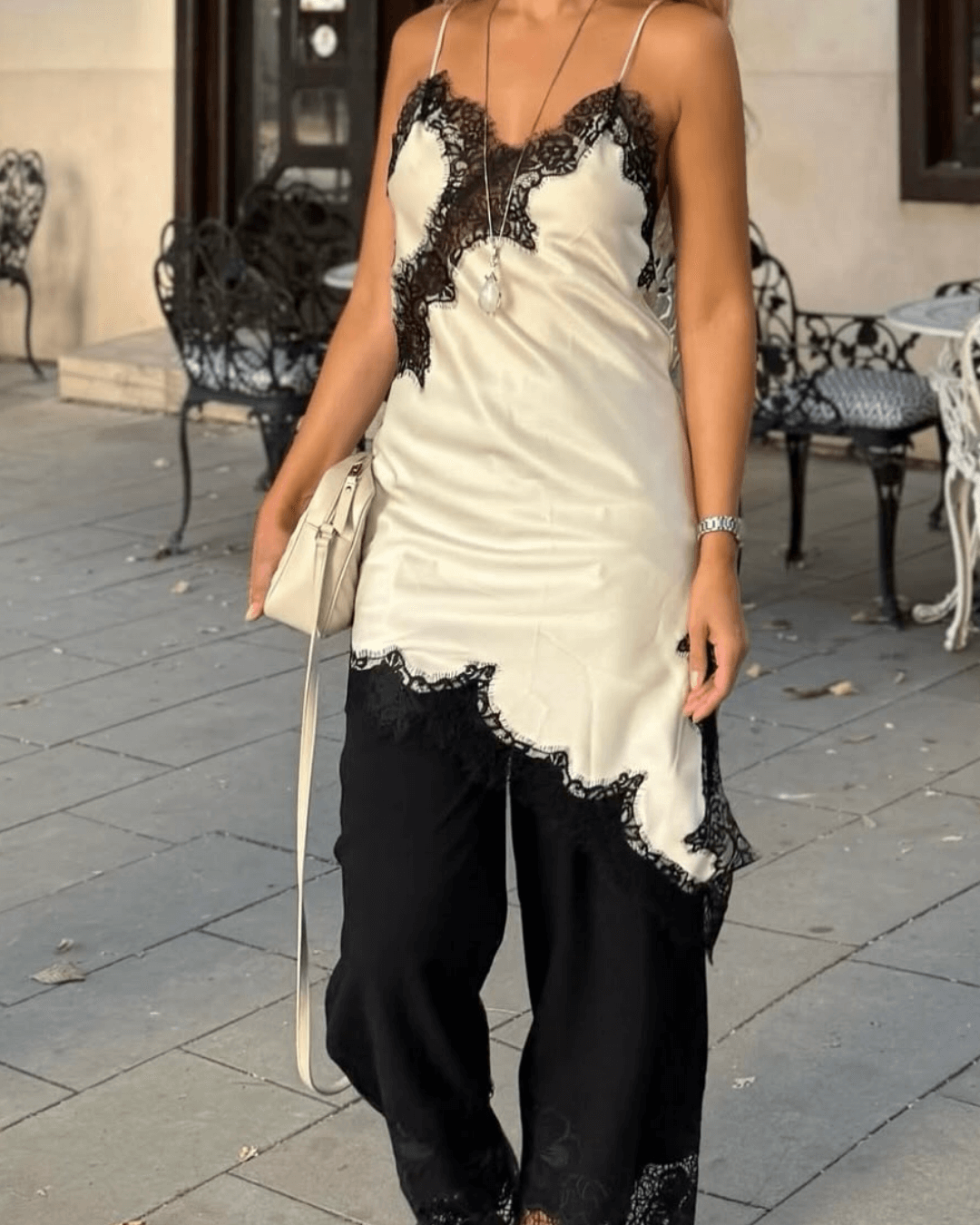 Chiara Asymmetric Satin Lace Midi Dress