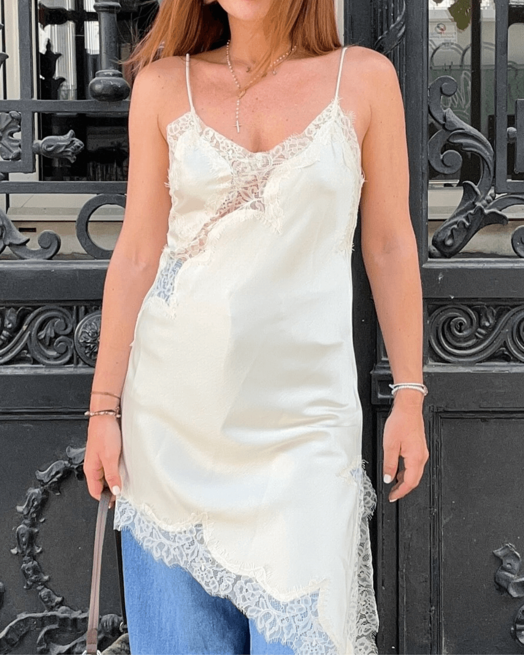Chiara Asymmetric Satin Lace Midi Dress