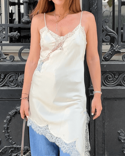 Chiara Asymmetric Satin Lace Midi Dress