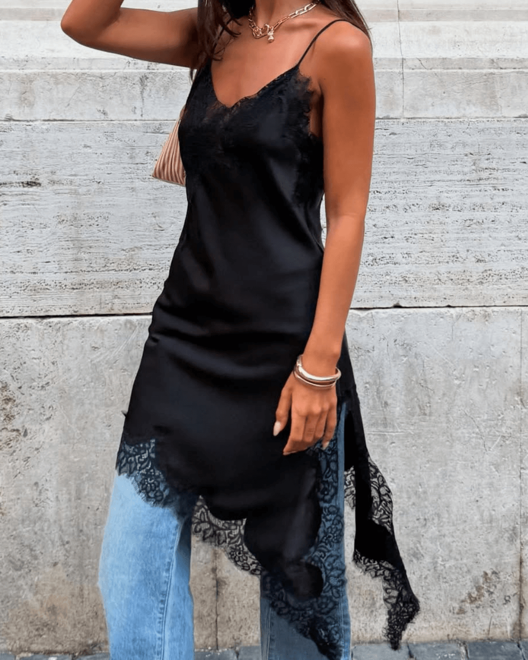 Chiara Asymmetric Satin Lace Midi Dress