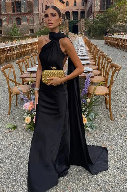 Beatrice Halter Backless Silk Satin Maxi Dress