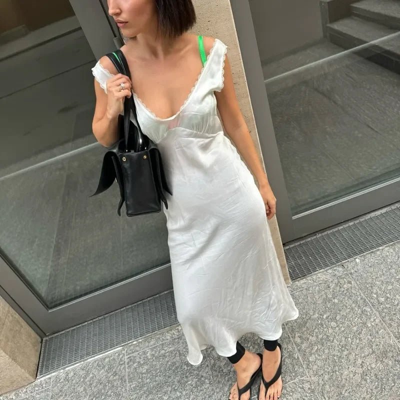 Bellina Plunged Neck Satin Midi Dress