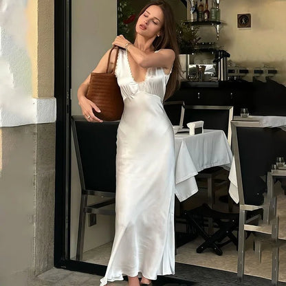 Bellina Plunged Neck Satin Midi Dress