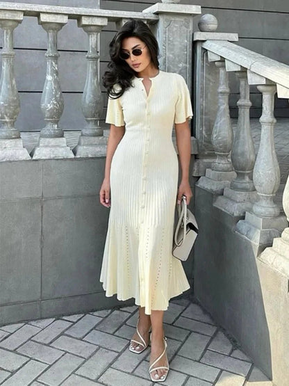 Bianca Bell Sleeve Pleated Knit Midi Dress