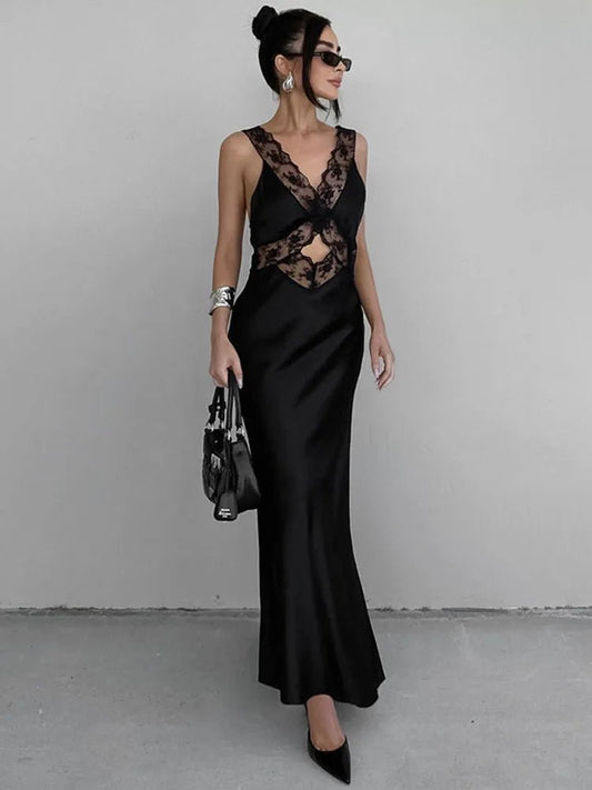Nadia Deep V-Neck Lace Maxi Dress