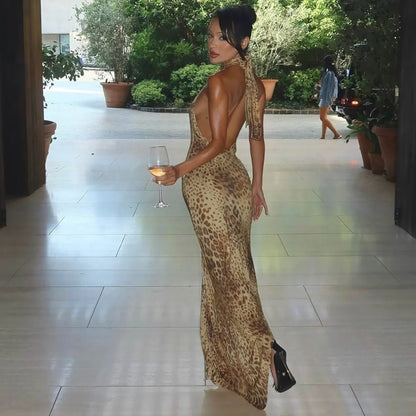 Cindy Leopard Halter Neck Maxi Dress