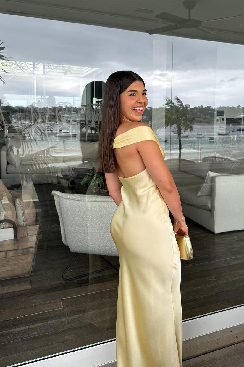 Sophia Satin Off the Shoulder Maxi Dress