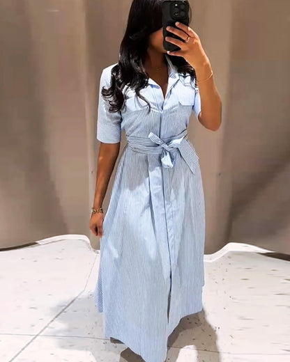 Beatrice Striped Lace-Up Collar Maxi Dress