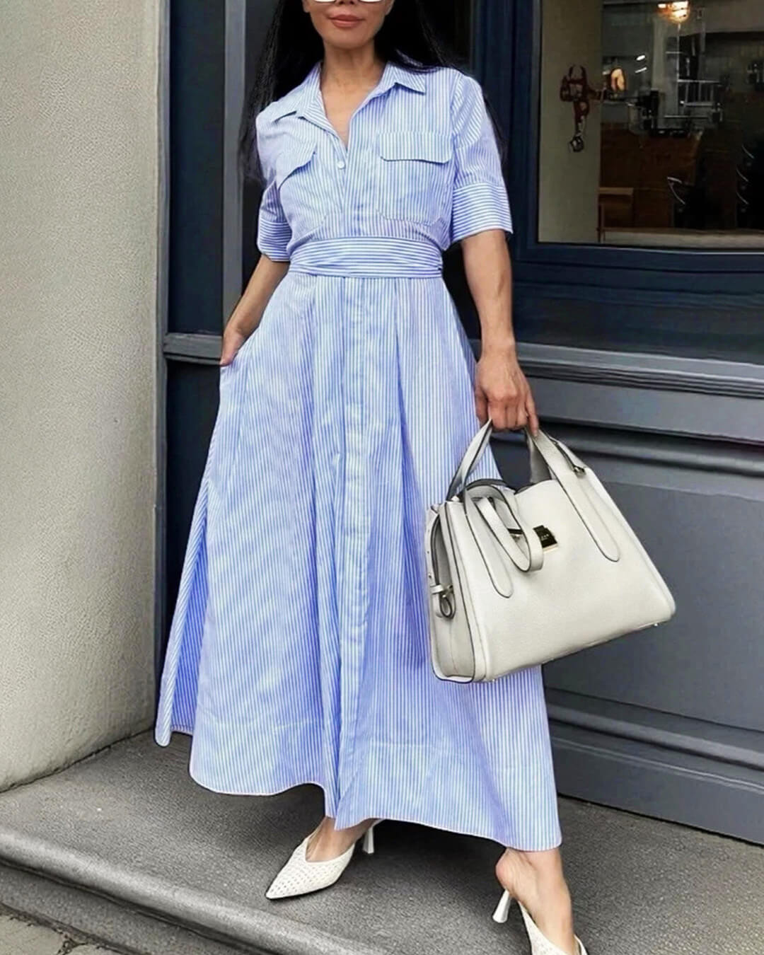 Beatrice Striped Lace-Up Collar Maxi Dress