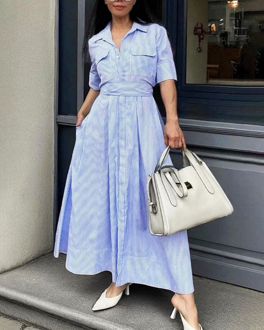 Beatrice Striped Lace-Up Collar Maxi Dress