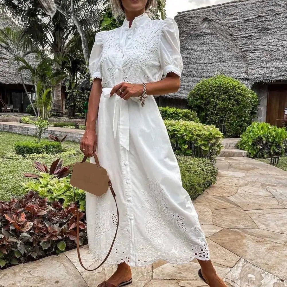 Beatrice Embroidered Lace-Up Maxi Dress