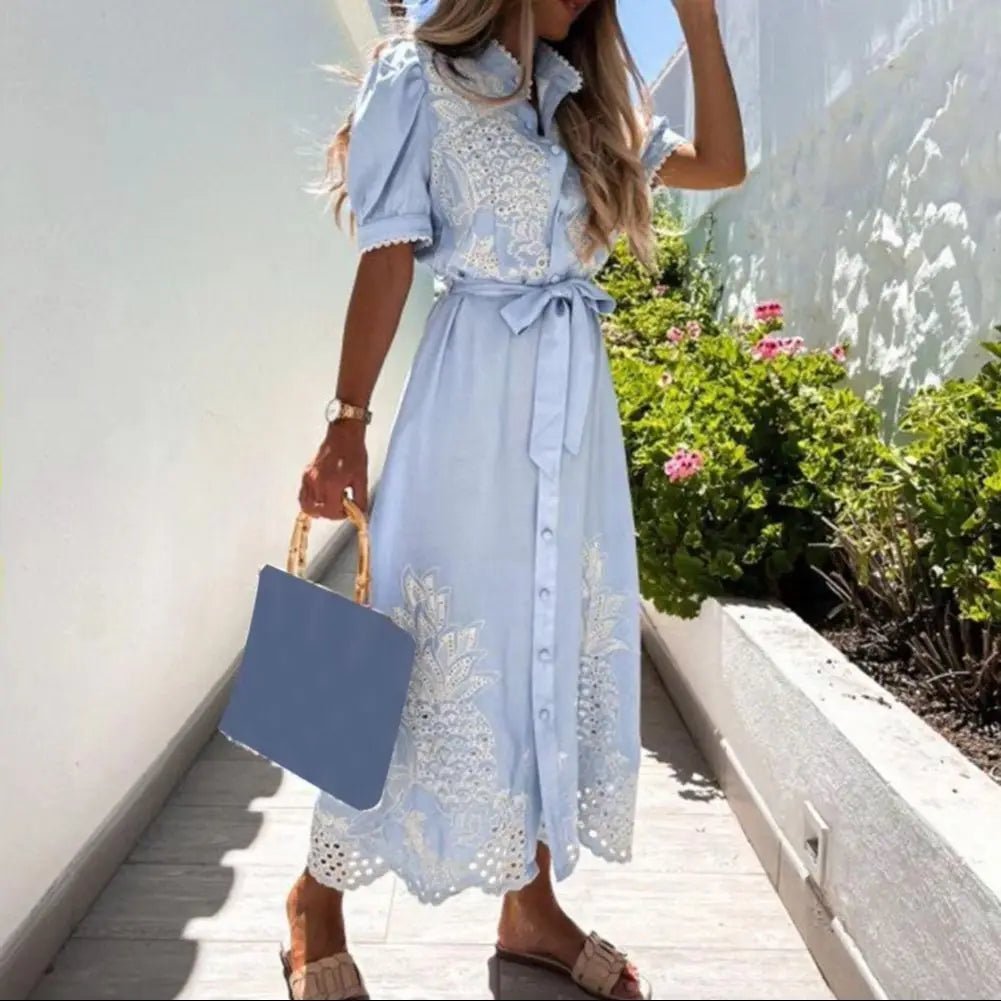 Beatrice Embroidered Lace-Up Maxi Dress