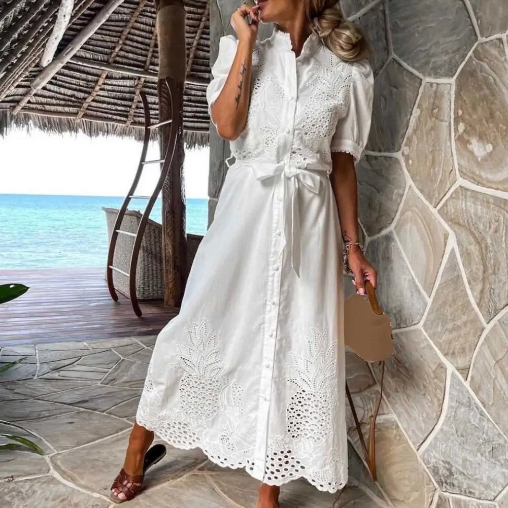 Beatrice Embroidered Lace-Up Maxi Dress
