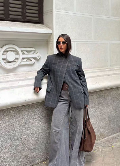Aurelia Stand Collar Plaid Blazer