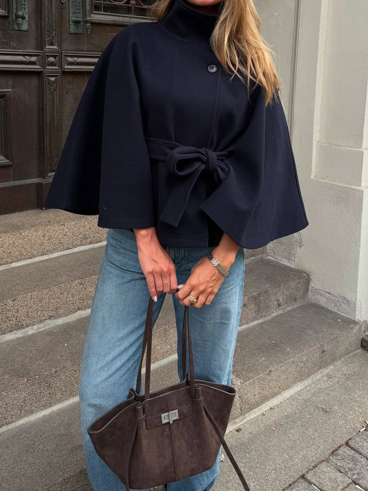Arianne Elegant High-Neck Belted Cape Jacket