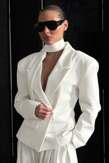 Janna Single-Button Blazer with Scarf Collar