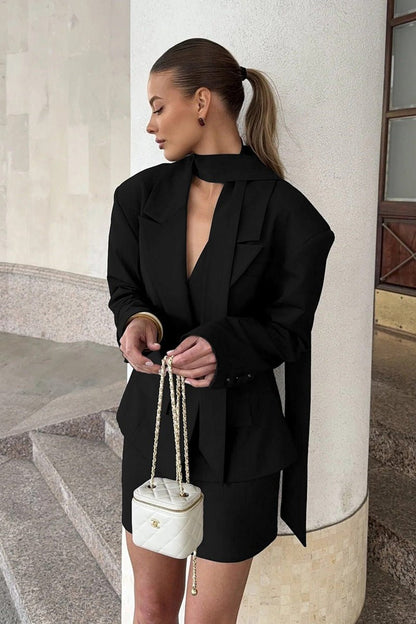 Janna Single-Button Blazer with Scarf Collar