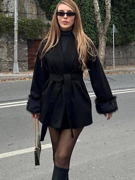 Wool Wrap Coat with Fox Fur Cuff