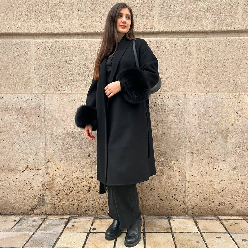 Wool Wrap Coat with Fox Fur Cuff