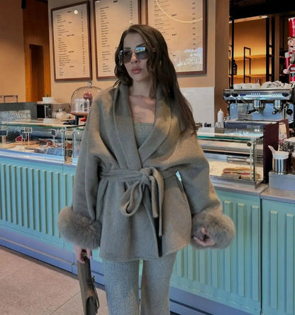 Wool Wrap Coat with Fox Fur Cuff