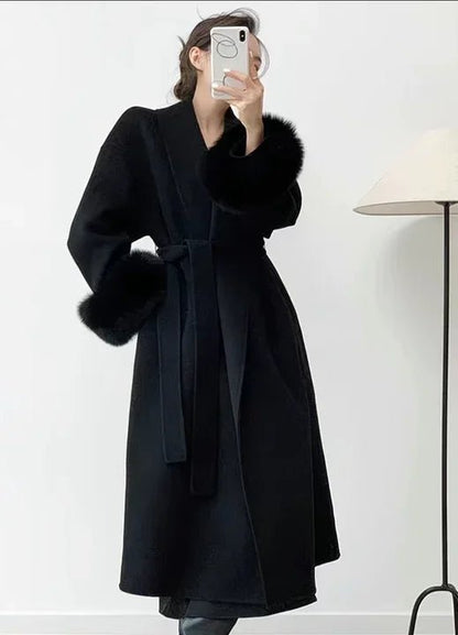 Wool Wrap Coat with Fox Fur Cuff