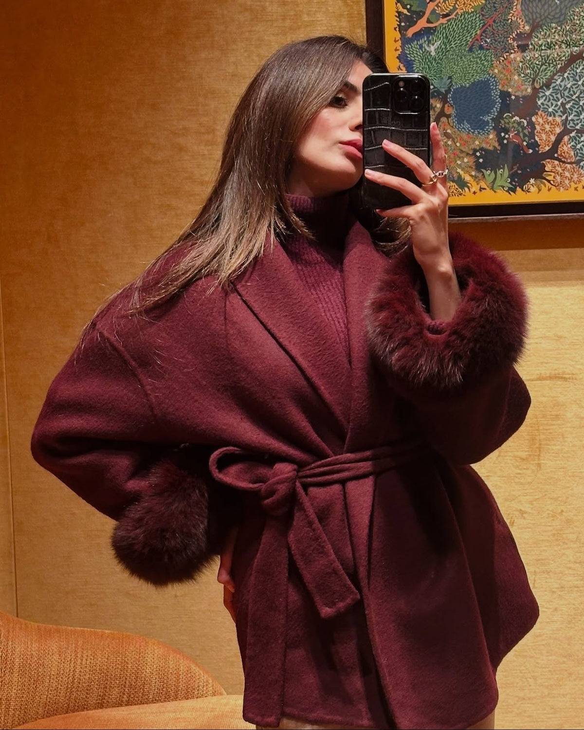 Wool Wrap Coat with Fox Fur Cuff