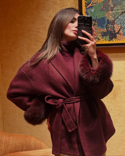 Wool Wrap Coat with Fox Fur Cuff