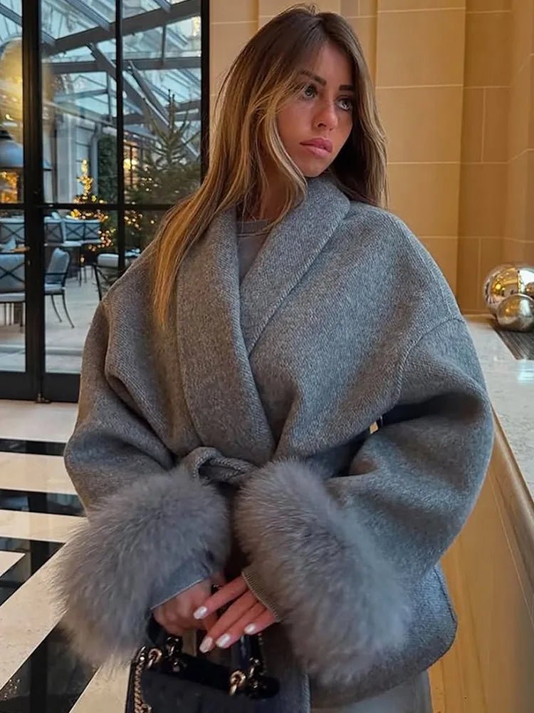 Wool Wrap Coat with Fox Fur Cuff
