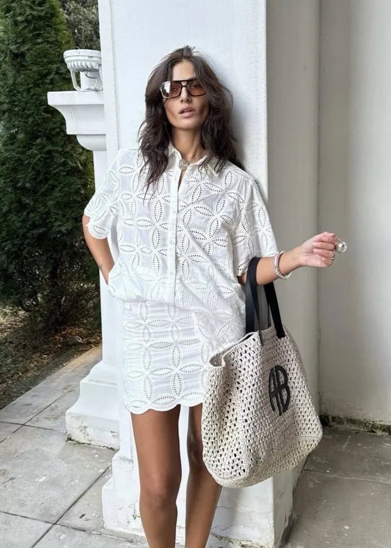 Beatrice Embroidered Cotton Shirt and Skirt Set