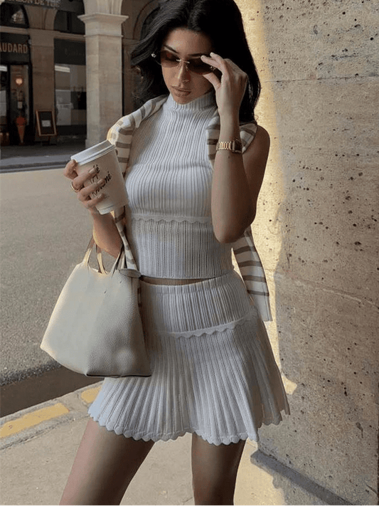 Kelly Two-Piece Knitted Crop Top & Pleated Mini Skirt Set