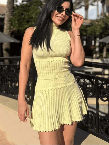 Kelly Two-Piece Knitted Crop Top & Pleated Mini Skirt Set