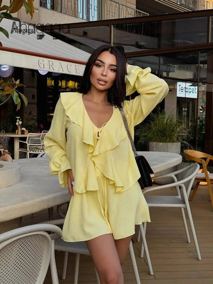 Cordelia V-Neck Ruffle Two-Piece Set
