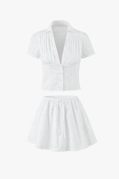 Delia Deep Neck Kawaii Mini Skirt Set
