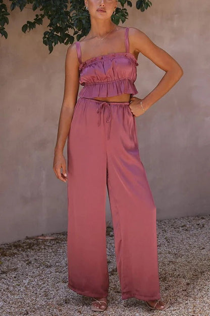 Julianne Ruffle Top Elastic Waist Pants Set