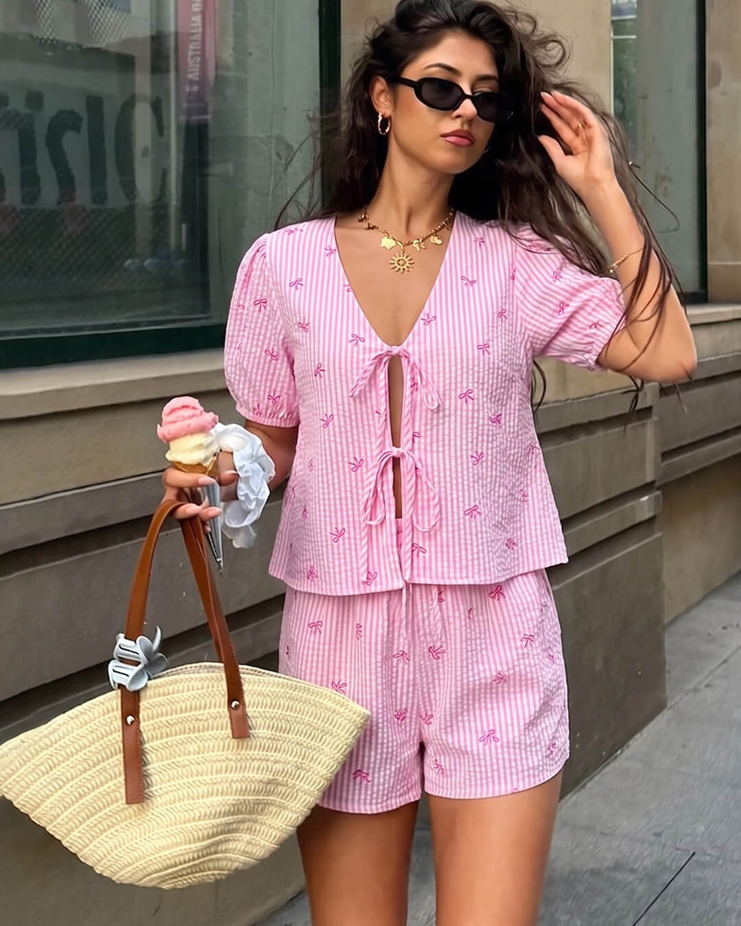 Kate Striped Tie-front Two-Piece Short Set