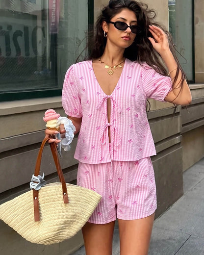Kate Striped Tie-front Two-Piece Short Set