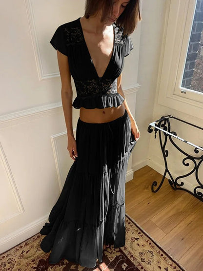 Morrigan Lace Chiffon Top & Skirt Set