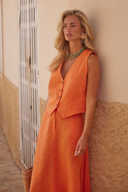 Ruslana Cotton Linen Vest Swing Skirt Set
