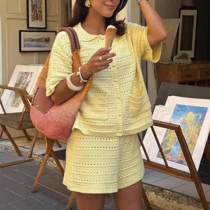 Sasha Solid Knit Cardigan Shorts Set
