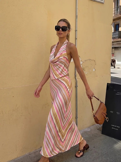 Sienna Bohemian Striped Satin Two-Piece Set