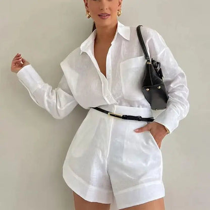 Solenn Long Sleeve High Waist Shorts Linen Set