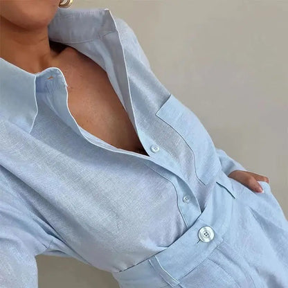 Solenn Long Sleeve High Waist Shorts Linen Set