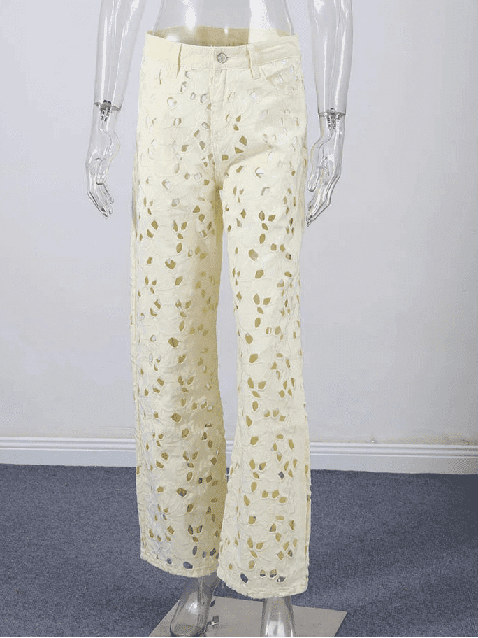 Rachel Hollow-Out Denim High Waist Straight Jeans