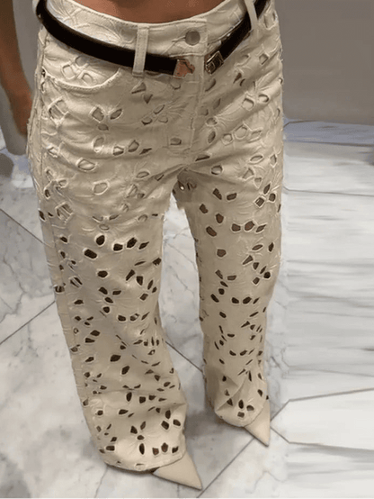 Rachel Hollow-Out Denim High Waist Straight Jeans