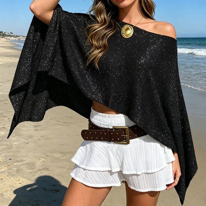 Ailva Shimmer Off-Shoulder Poncho Cape