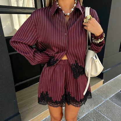Kate Pinstripe Lace Trim Hem Shorts Set