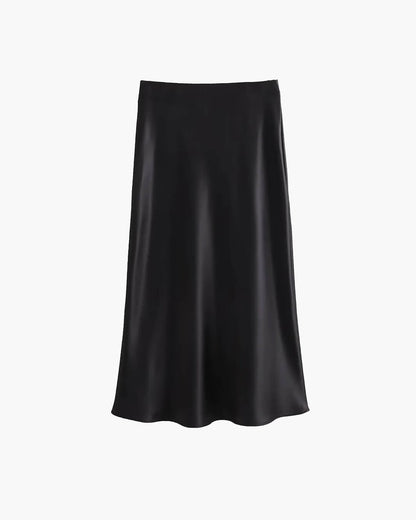 Anais High Waist Black Satin Midi Skirt