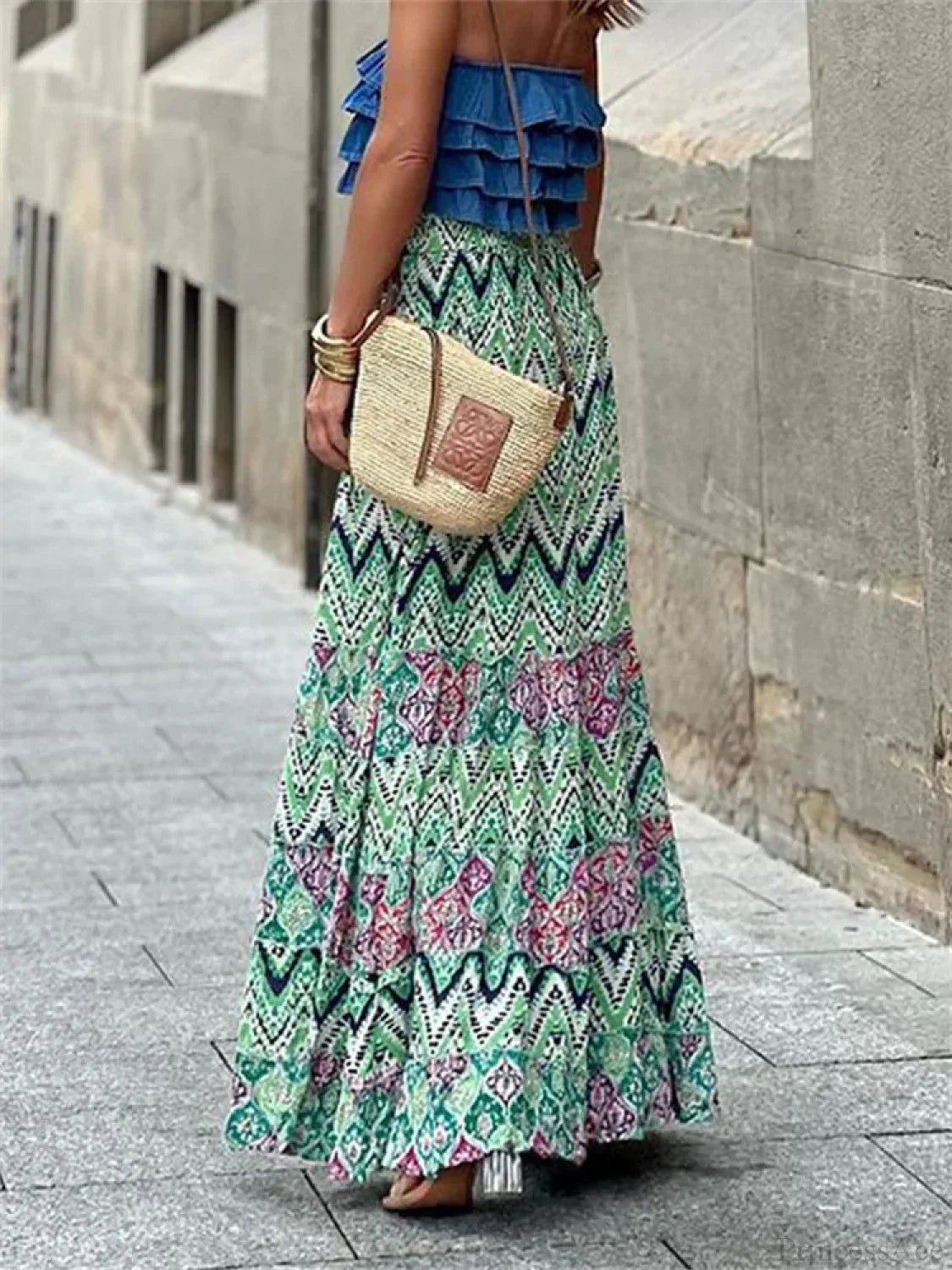 Celeste Flowy Boho Print Ruffled Hem Skirt