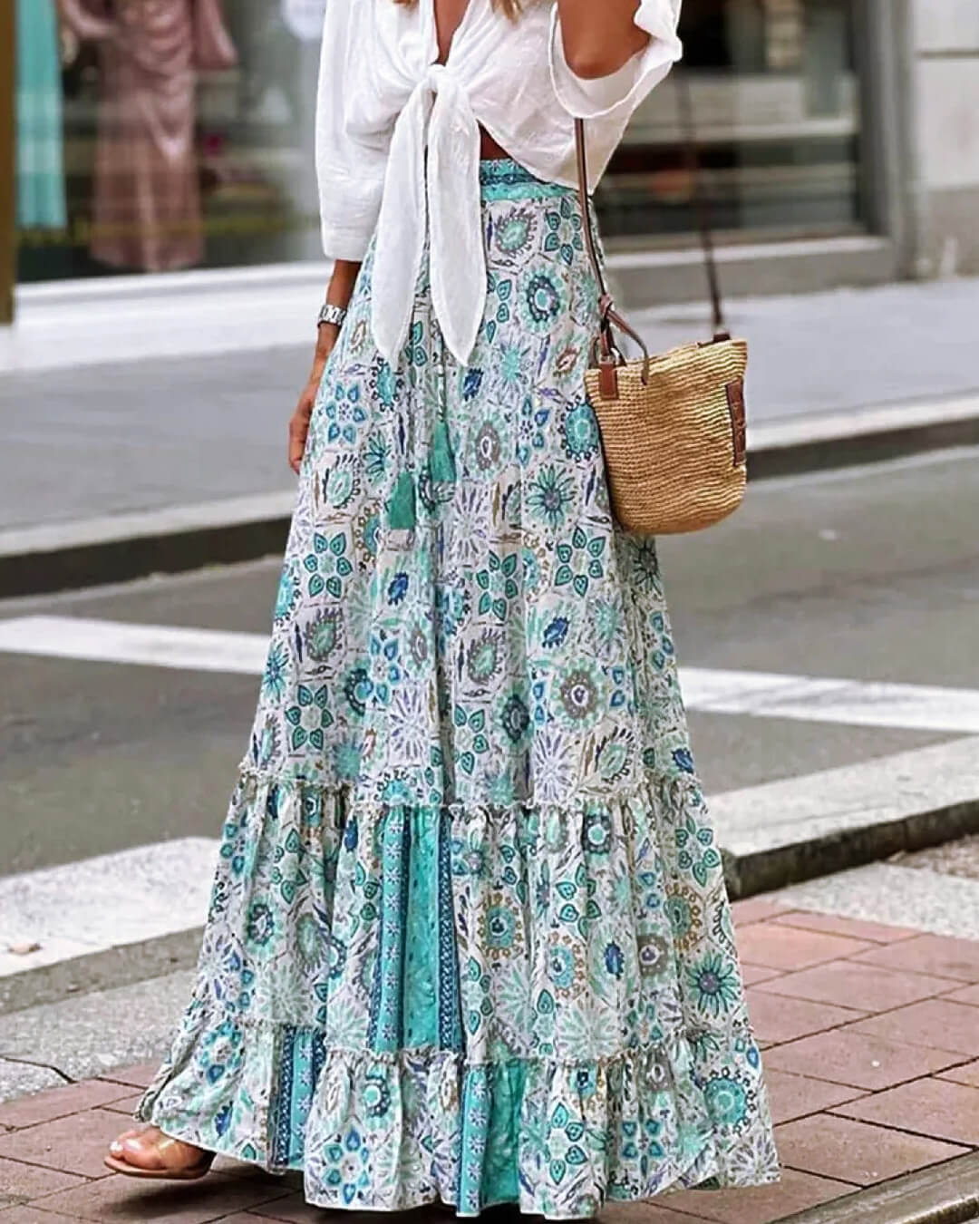 Celeste Flowy Boho Print Ruffled Hem Skirt